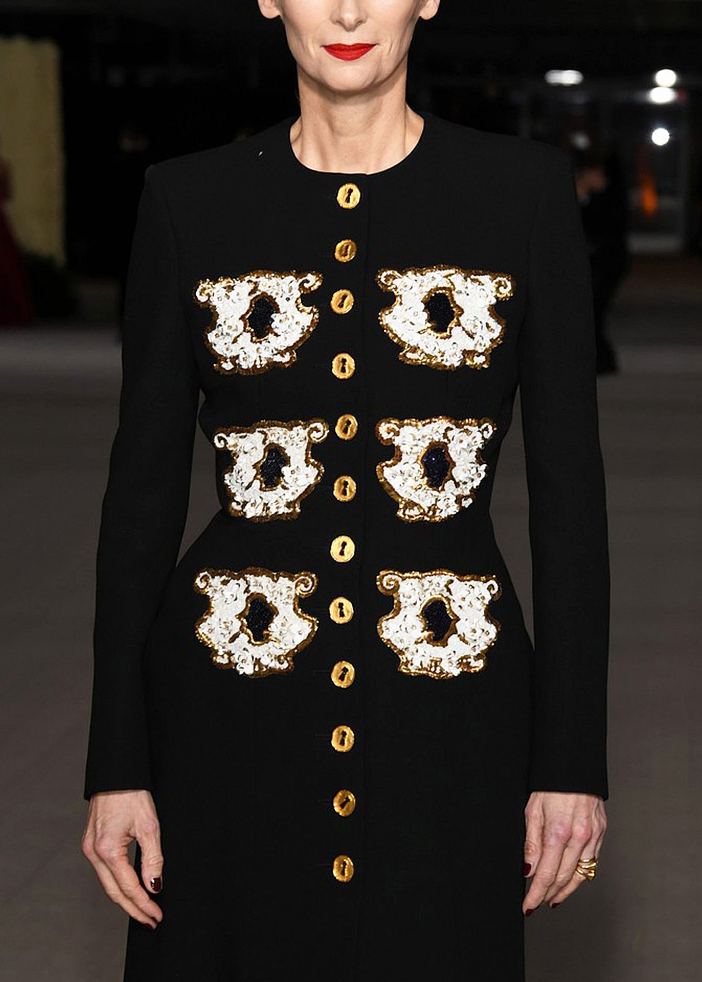 Original Design Black O-neck Sequins Button Long Coat Autumn