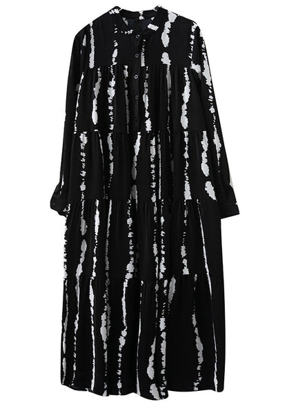 Black Stand Collar Print Button Maxi Shirts Dresses Fall