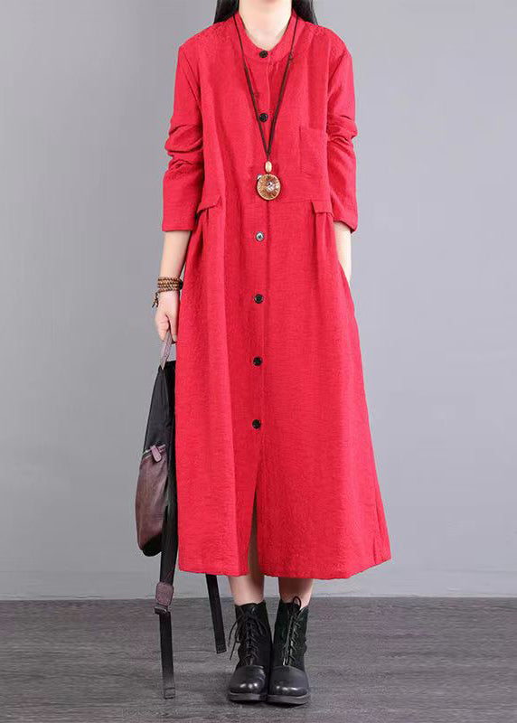 Red Stand Collar Pockets Patchwork Cotton Long Dresses Fall