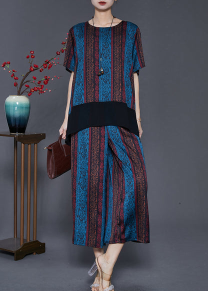 Blue Patchwork Silk Loose Two Pieces Set Low High Design Summer