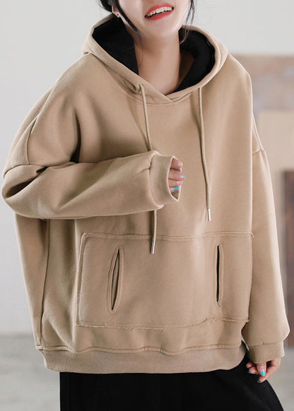 Khaki Patchwork Drawstring Warm Fleece Hoodies Pullover Fall