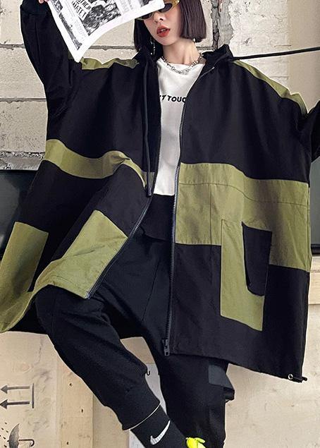 Black Pockets Cotton Zippered Spring Hoodie Coat