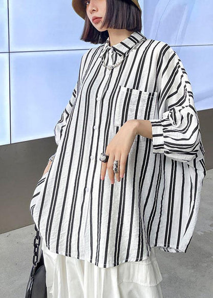 Black White Striped Pockets Button Shirt Tops Summer