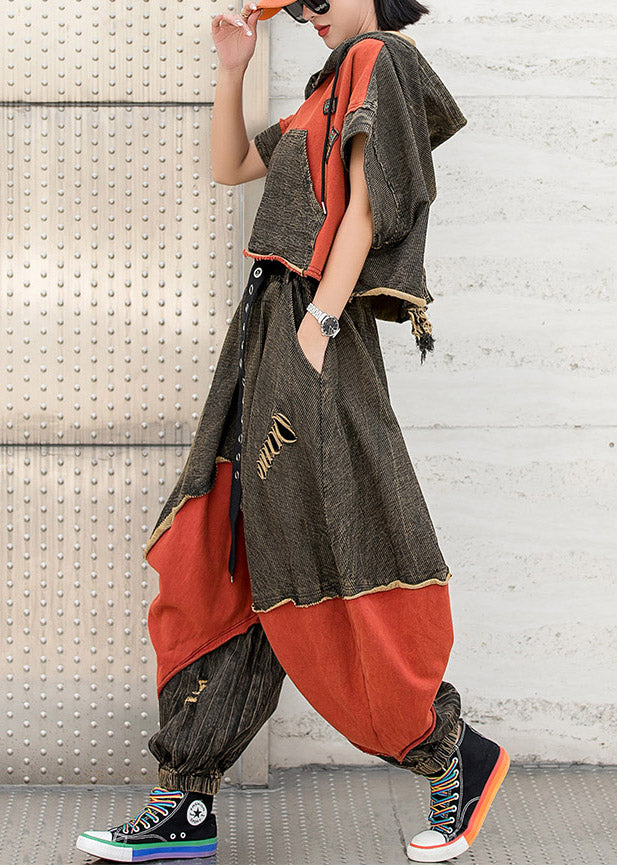 Colorblock Red Hooded Drawstring Patchwork Hole Tops and Harm Pants Two Pieces Set Short Sleeve
