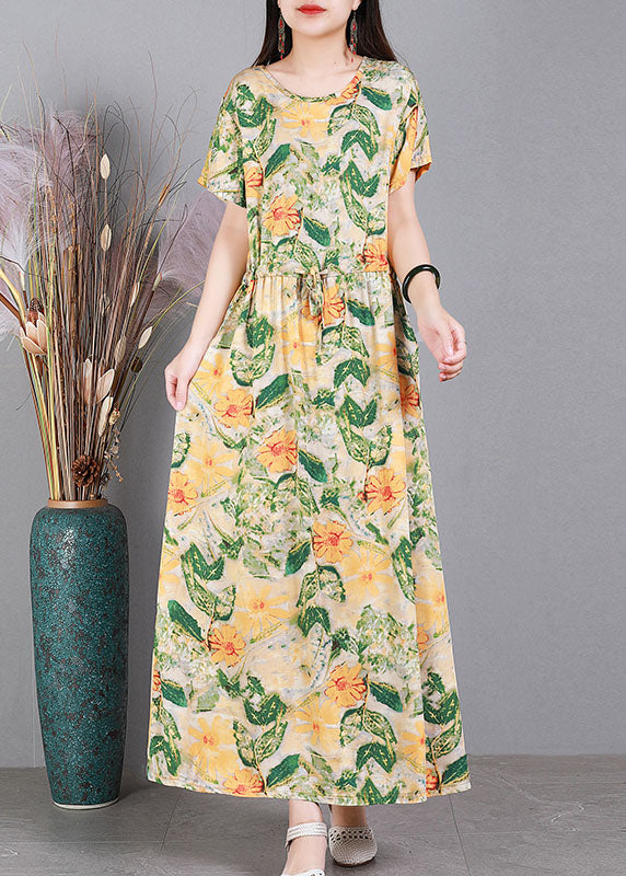 Red O-neck Cinched Print Drawstring Silk Long Dresses Short Sleeve