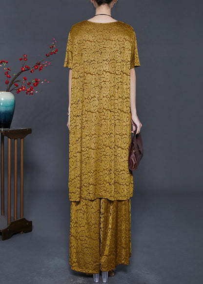 Yellow Jacquard Side Open Chinese Button Silk Sets 2 Pieces Summer
