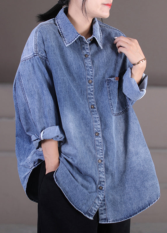 Blue Peter Pan Collar Patchwork Button Denim Shirt Fall