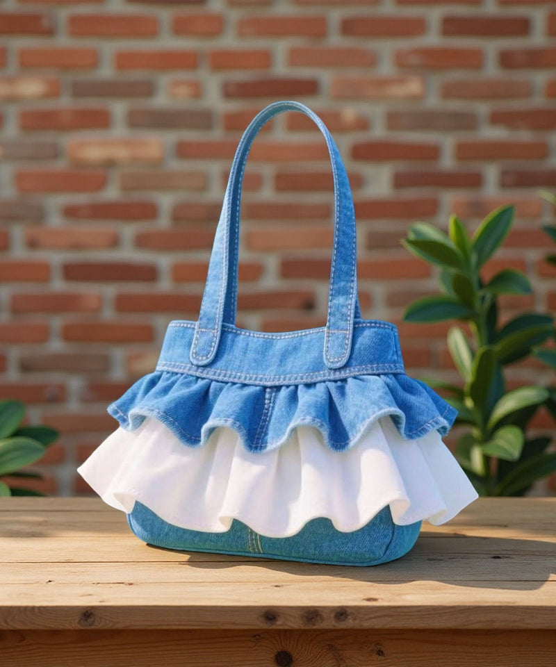 Blue Ruffled Patchwork Lace Denim Handbags