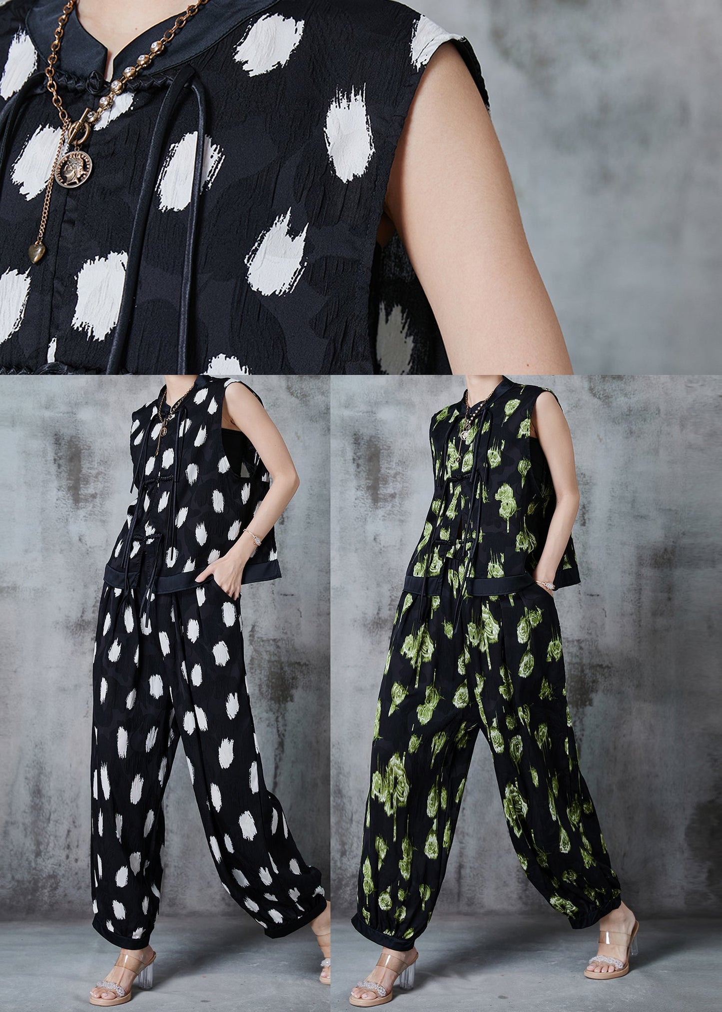 Green Patchwork Silk Sets 2 Pieces Tasseled Chinese Button Summer