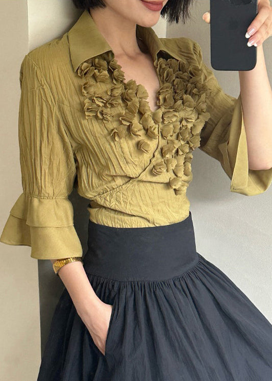 Yellow Peter Pan Collar Wrinkled Cotton Shirts Bracelet Sleeve