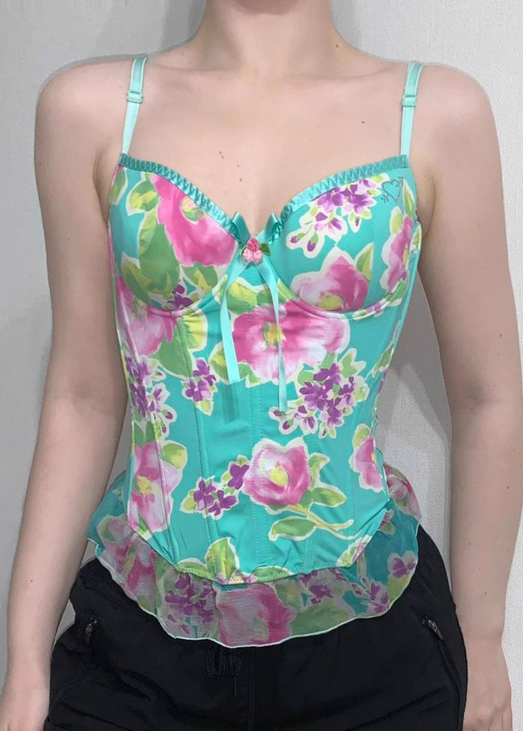 Green Print Tulle Patchwork Spaghetti Strap Tank Sleeveless
