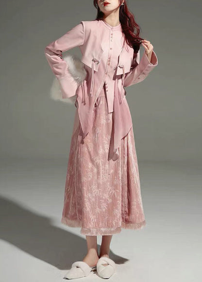 Pink Tulle Patchwork Shirts and Maxi Skirts Two Piece Set Long Sleeve