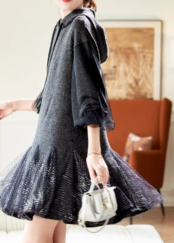 Grey Tie Lace Tulle Patchwork Hooded Mid Dress Spring