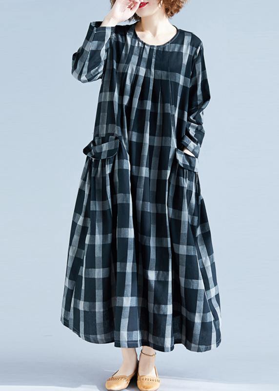 Diy O Neck Pockets Spring Tunics Gray Plaid Maxi Dress