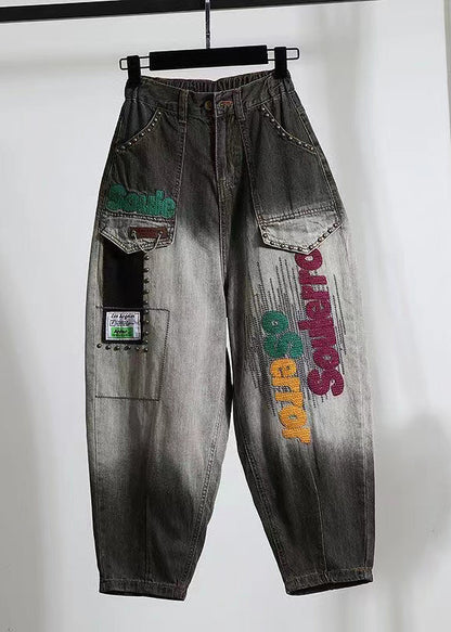 Black Letter Embroidered Pockets Denim Pants Spring
