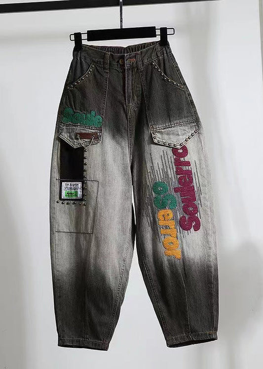 Black Letter Embroidered Pockets Denim Pants Spring