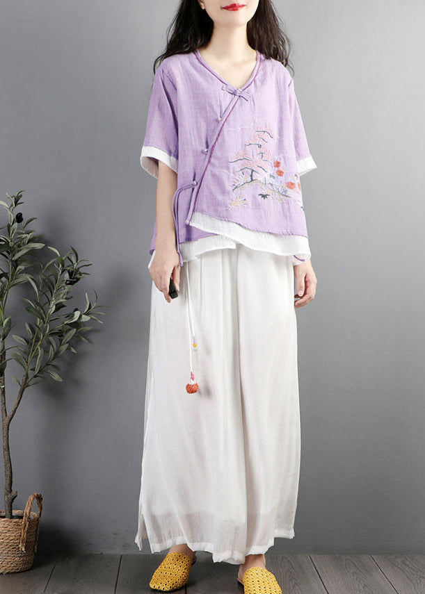 Purple Embroideried Patchwork Cotton Blouses Summer