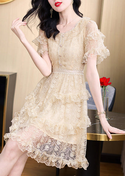 French Apricot Ruffled Embroidered Patchwork Tulle Dress Summer