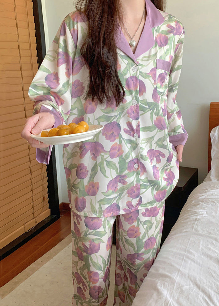Purple Tulip Print Button Ice Silk Pajamas Two Pieces Set Spring