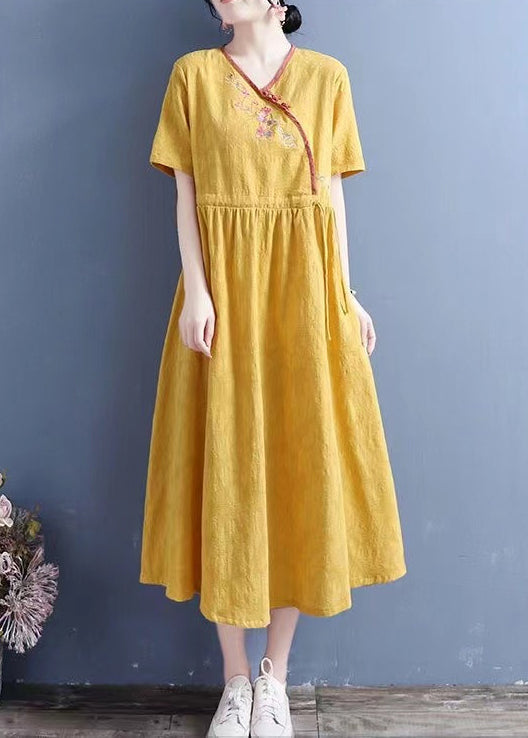 Yellow Embroidered Lace Up Linen Dresses Summer