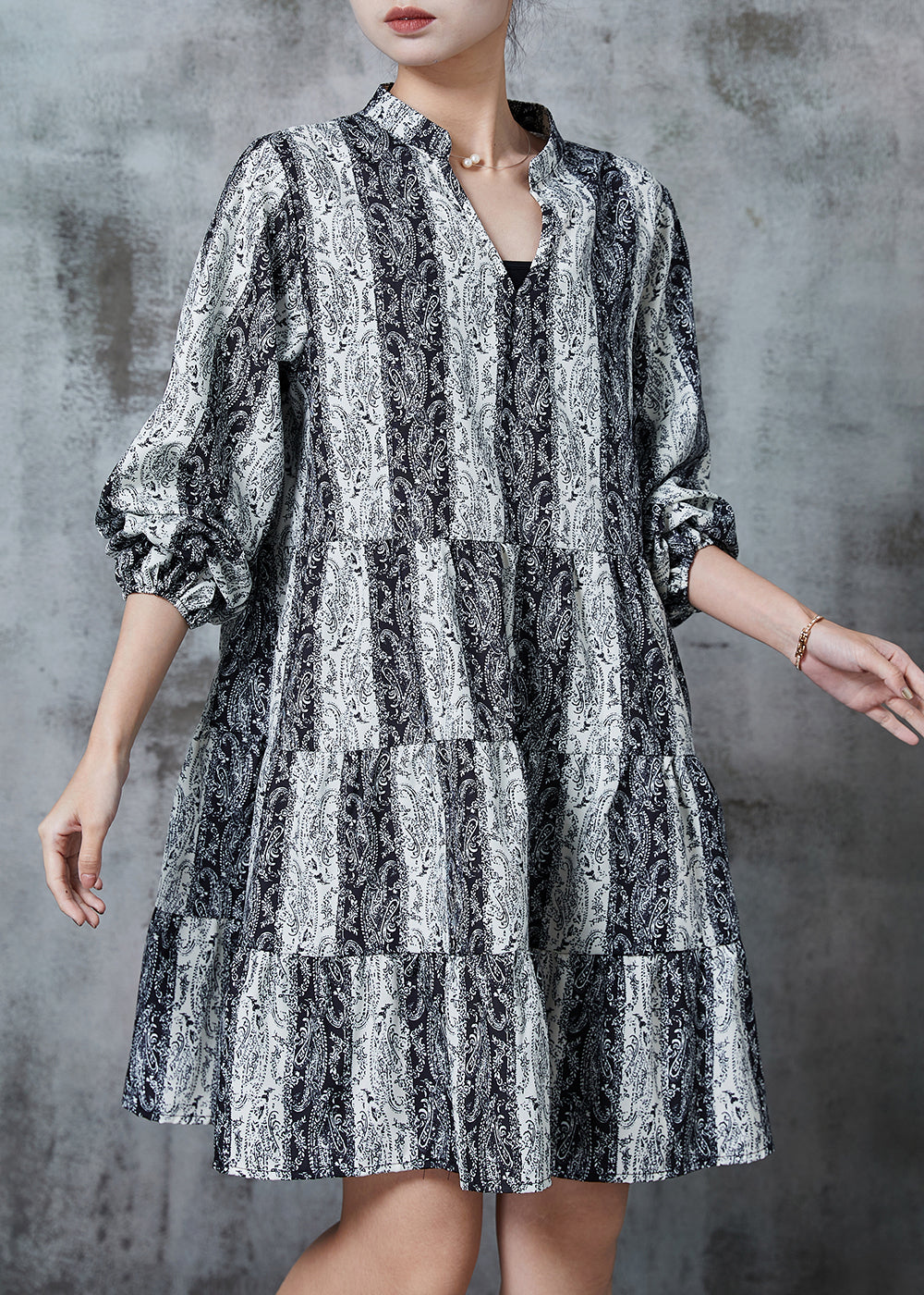 Grey V Neck Print Chiffon Mid Dresses Summer