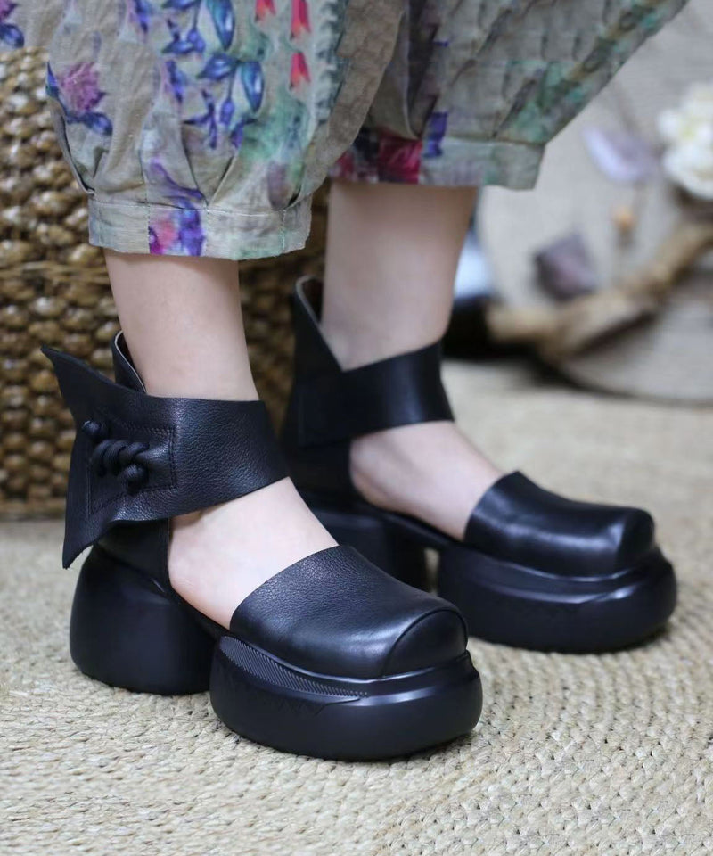 Splicing Platform Sandals Brown Cowhide Leather Buckle Strap