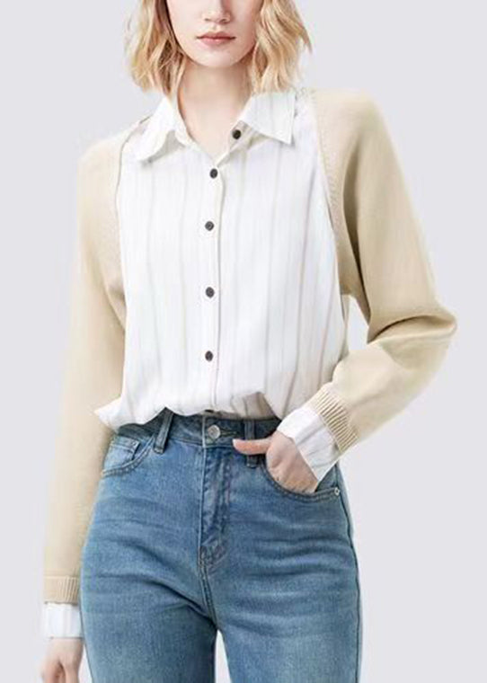 Colorblock Peter Pan Collar Button Knit Patchwork Shirt Fall