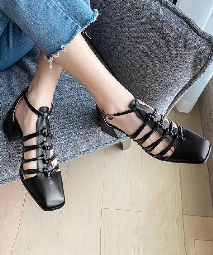 Brown Hollow Out Buckle Strap Splicing Chunky Sandals