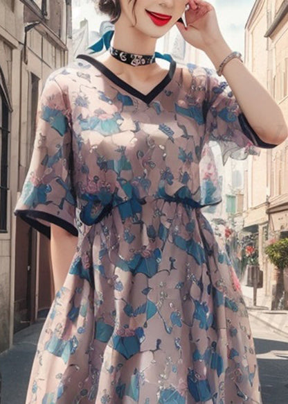 Blue V Neck Print Pockets Silk Dress Short Sleeve