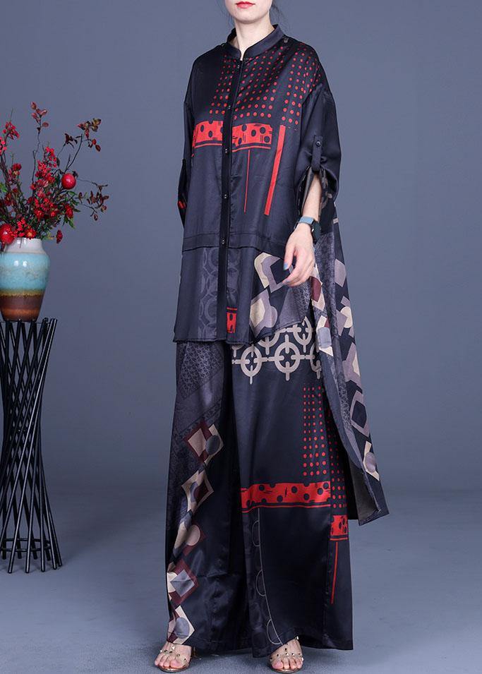 Black Print Silk Low High Design Wide Leg Two Pieces Sets