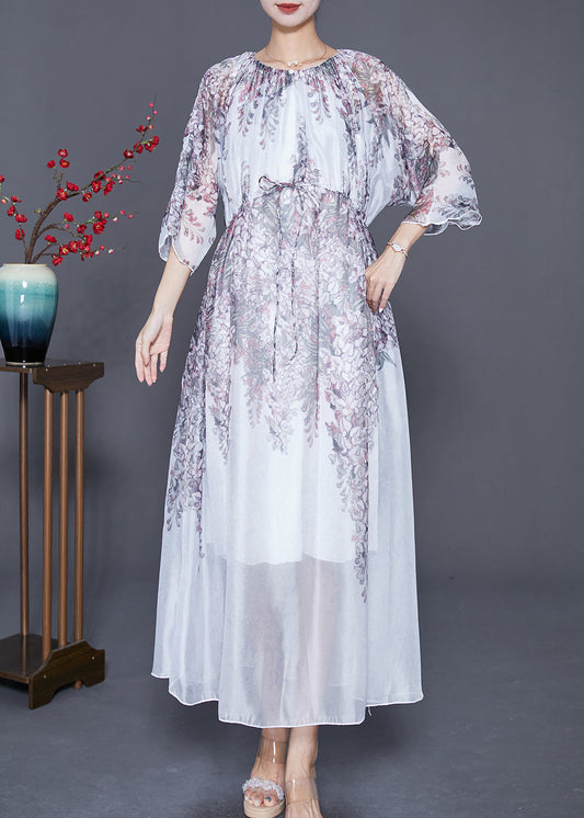 White Cinched Print Silk Long Dress Summer