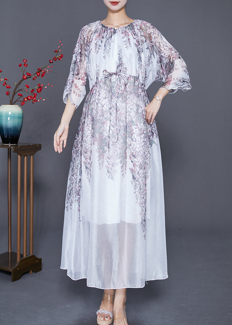 White Cinched Print Silk Long Dress Summer