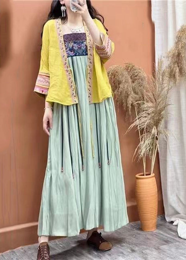 Navy Embroideried Patchwork Linen Spaghetti Strap Dress Sleeveless