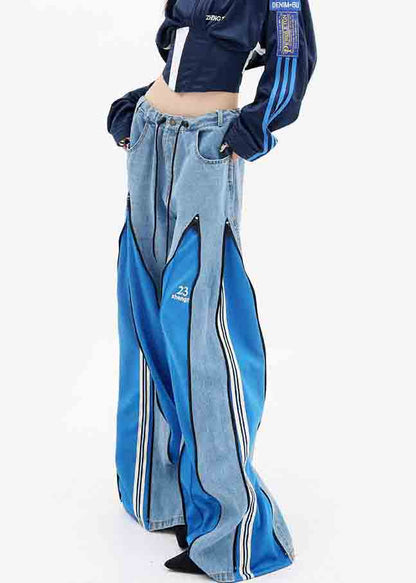 Diy Blue Zip Up Patchwork Drawstring Denim Wide Leg Pants Fall