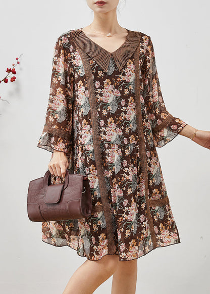 Brown Print Patchwork Lace Holiday Dress Summer