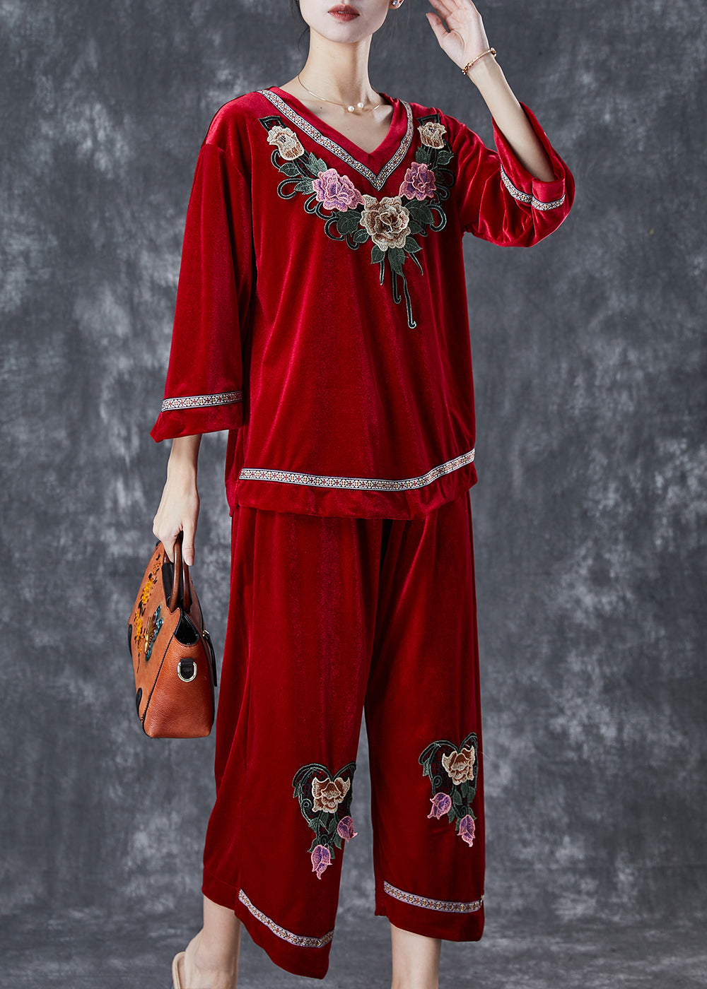 Boutique Mulberry Embroideried Silk Velour Two Piece Set Clothing Fall