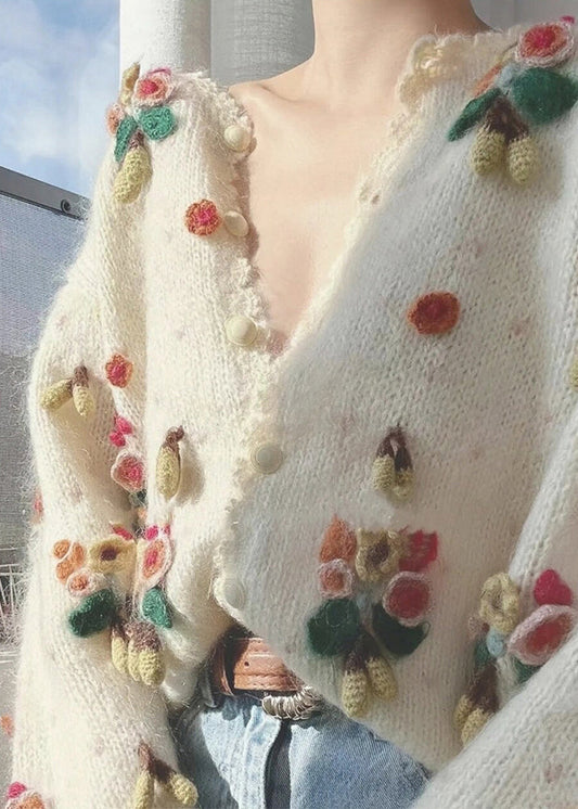 Beige V Neck Button Patchwork Knit Cardigan Winter