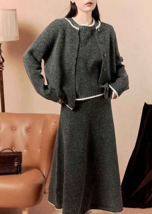 Dark Gray O Neck Button Knit Three Pieces Set Winter