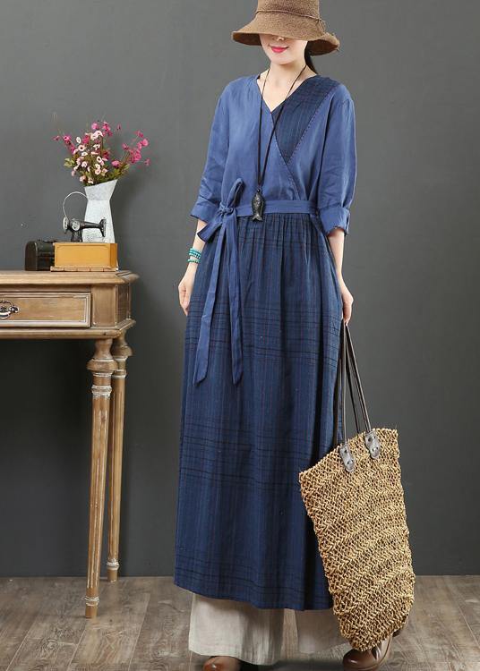 Natural V Neck Tie Waist Spring Dresses Fabrics Blue Plaid Traveling Dress