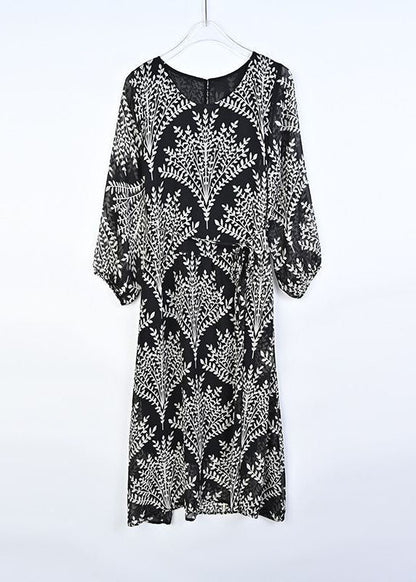 Simple Black O-neck Print Chiffon a Line Dresses Long Sleeve