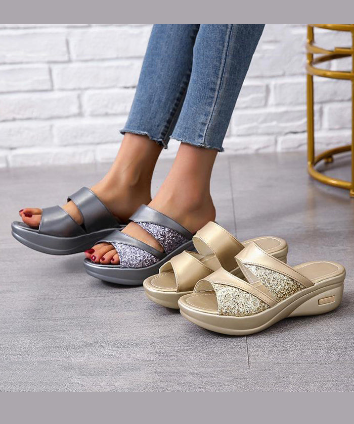 Gold Sequins Wedge Heels Slide Sandals Peep Toe