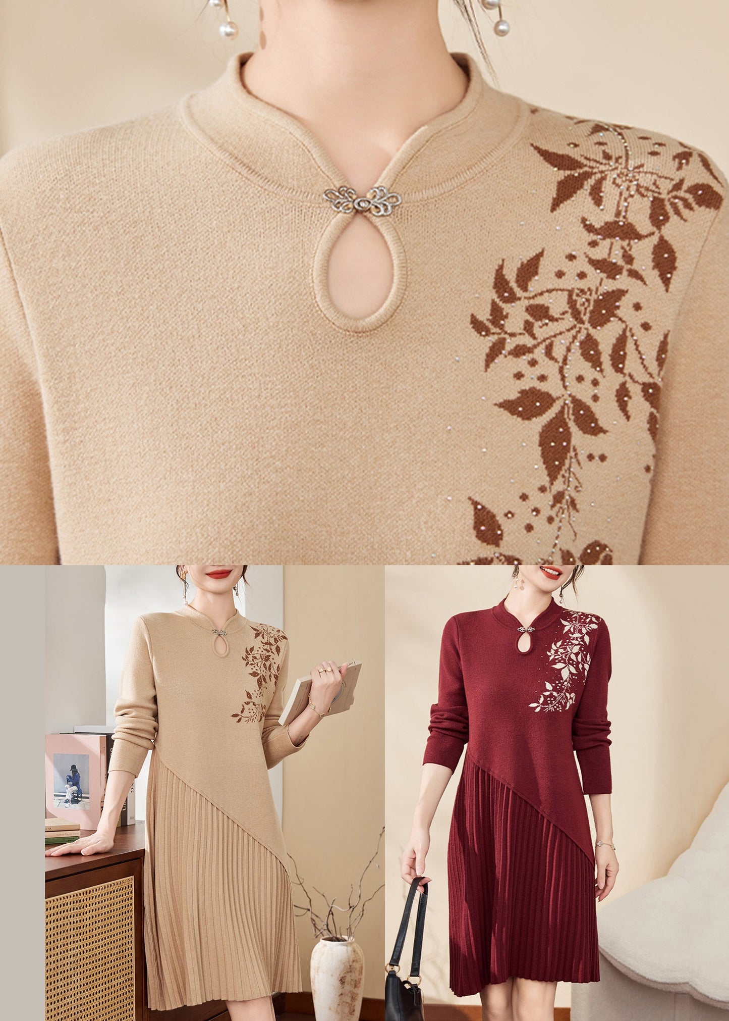 Apricot Print Ptchwork Hollow Out Cotton Knit Maxi Sweater Dress Fall