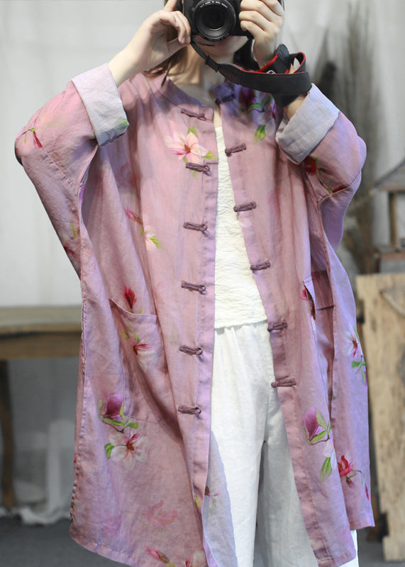 Diy Green Stand Collar Pockets Print Button Linen Coats Long Sleeve