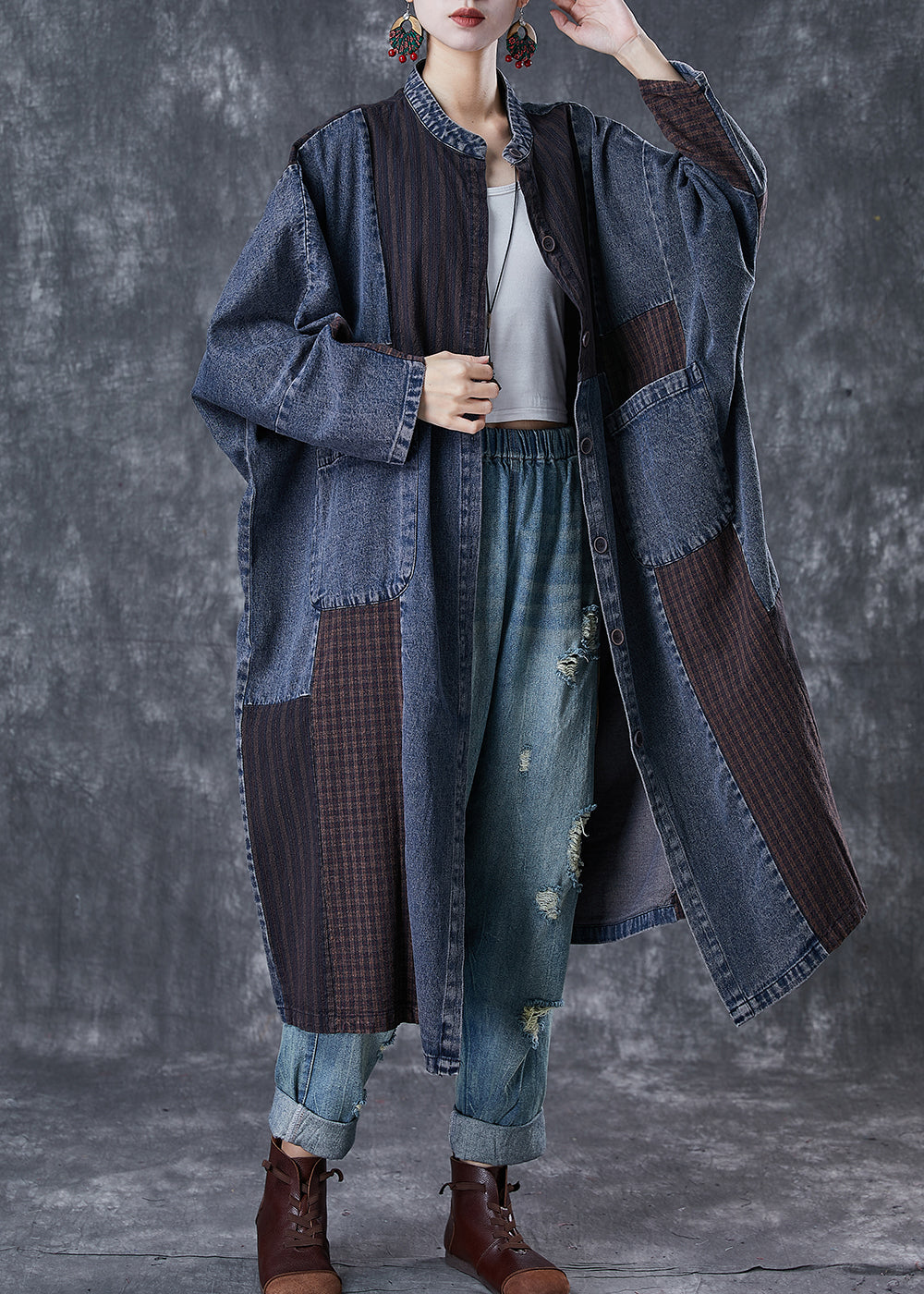 Navy Oversized Patchwork Applique Denim Trench Coat Spring