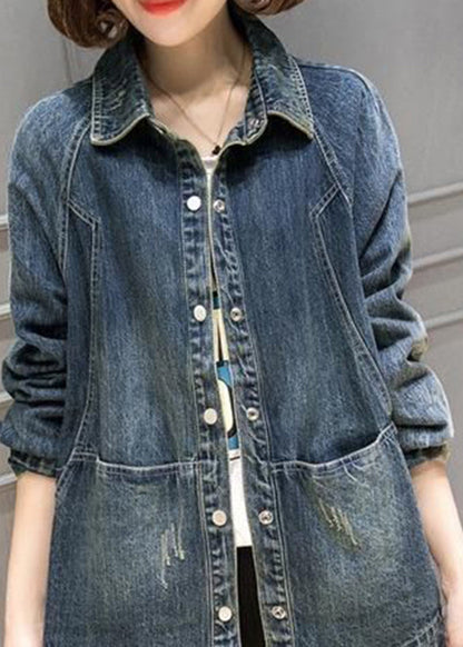 Blue Peter Pan Collar Pockets Patchwork Denim Coats Fall