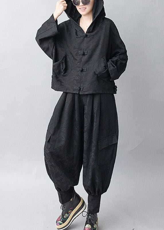 Jacquard Black Hooded Coats and Pants Two Pieces Set Fall