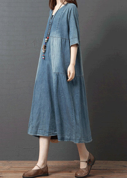 Blue Patchwork Cotton Denim Dresses Button Half Sleeve