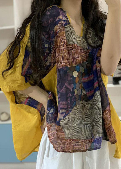 Loose Yellow V Neck Print Patchwork Linen Top Wide Leg Pants Two Pieces Set Batwing Sleeve