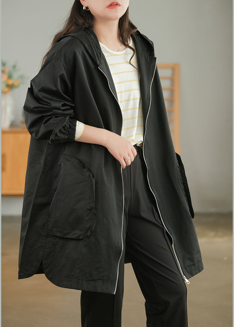 Black Zip Up Color Cotton Trench Coats Fall