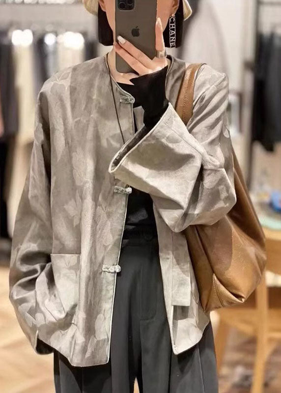 Jacquard Grey O-neck Pockets Coats Spring